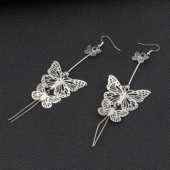 Dazzling Double Butterfly Dangling Earrings, Gold/Silver Butterfly Earrings - Picture 4 of 6